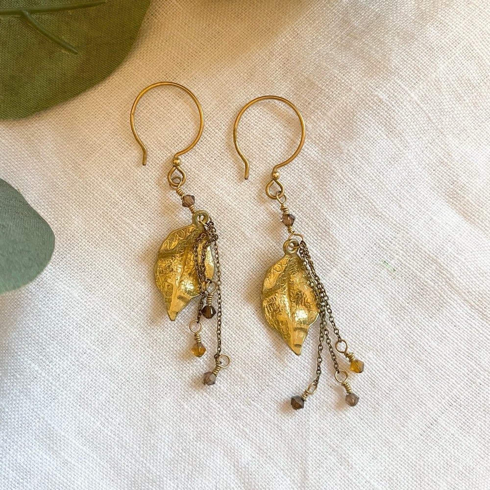 Gold Tone Leaf Earrings - Picture 4 of 6